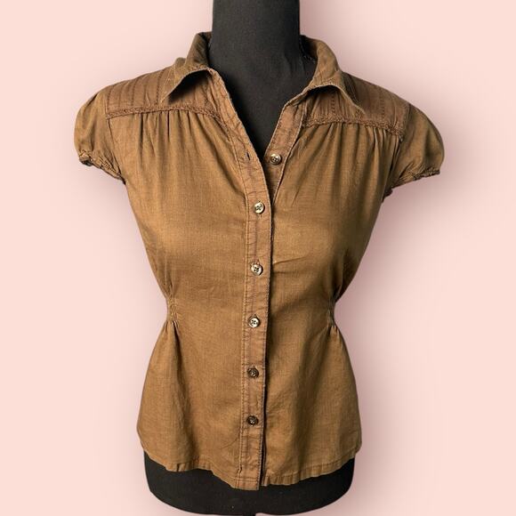 Y2K brown Button down top cottagecore slim fit office siren harajuku - Picture 1 of 4